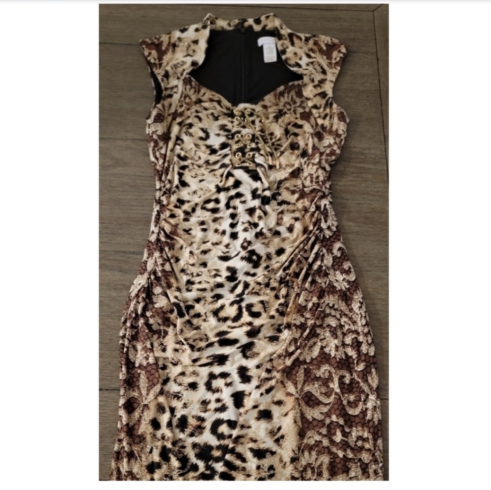Cache Leopard Print Bodycon Women's Dress with Gold Tie Tassel, Size S - Picture 4 of 12